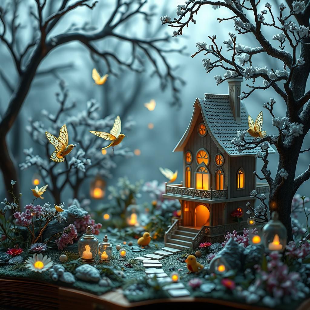 Magical Garden with Origami Castle and Bioluminescent Birds