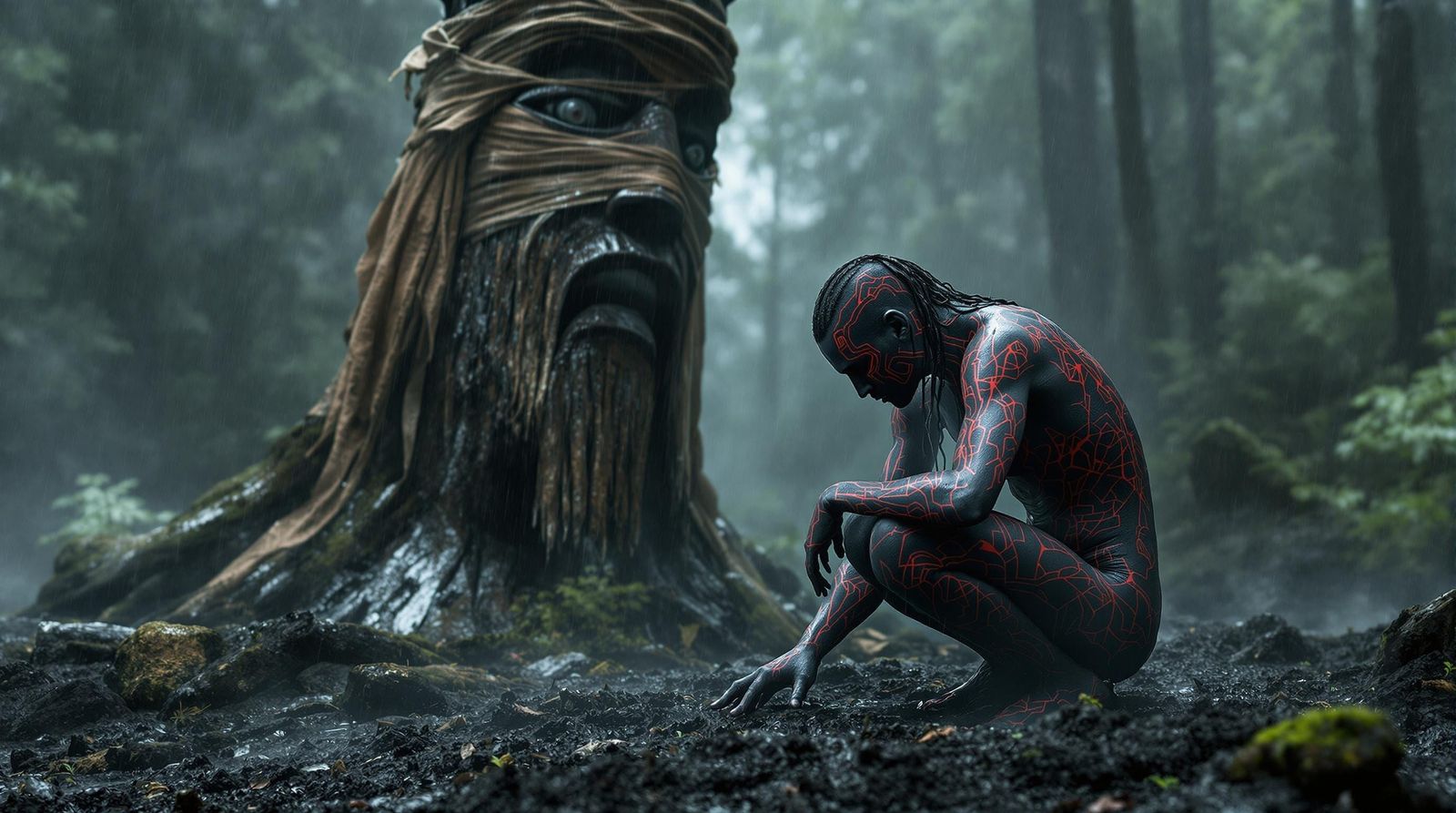 Myth-Bound Seer in Rain-Soaked Forest: Photorealistic CGI