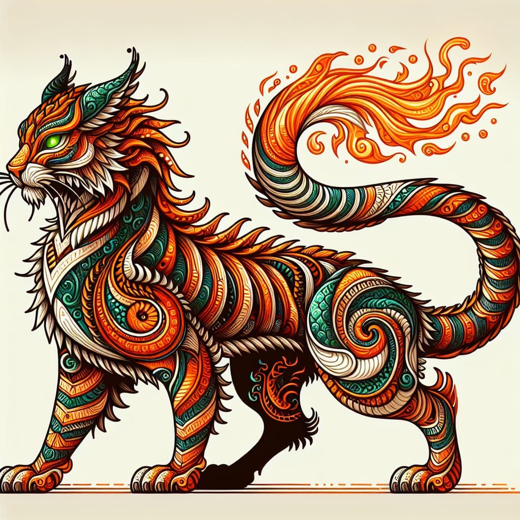 Mythological Dragon-Feline Hybrid with Flaming Tail