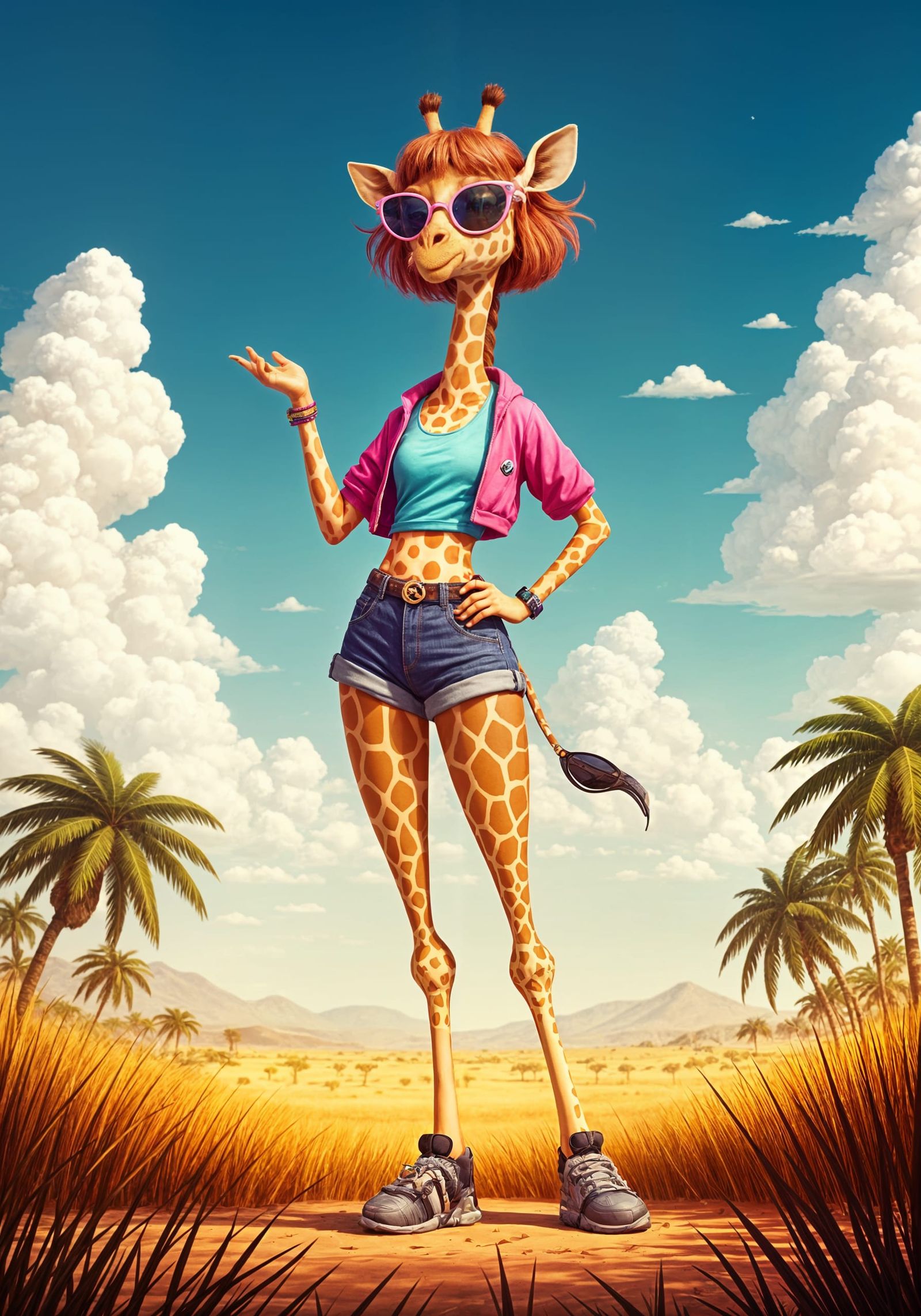 Confident Teenage Giraffe Girl in Vibrant Whimsical Cartoon....