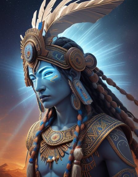 Surreal Warrior Statue with Sacred Light Ray Headdress