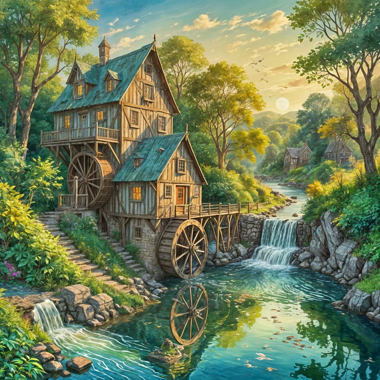 Idyllic Riverside Watermill in Watercolor Style