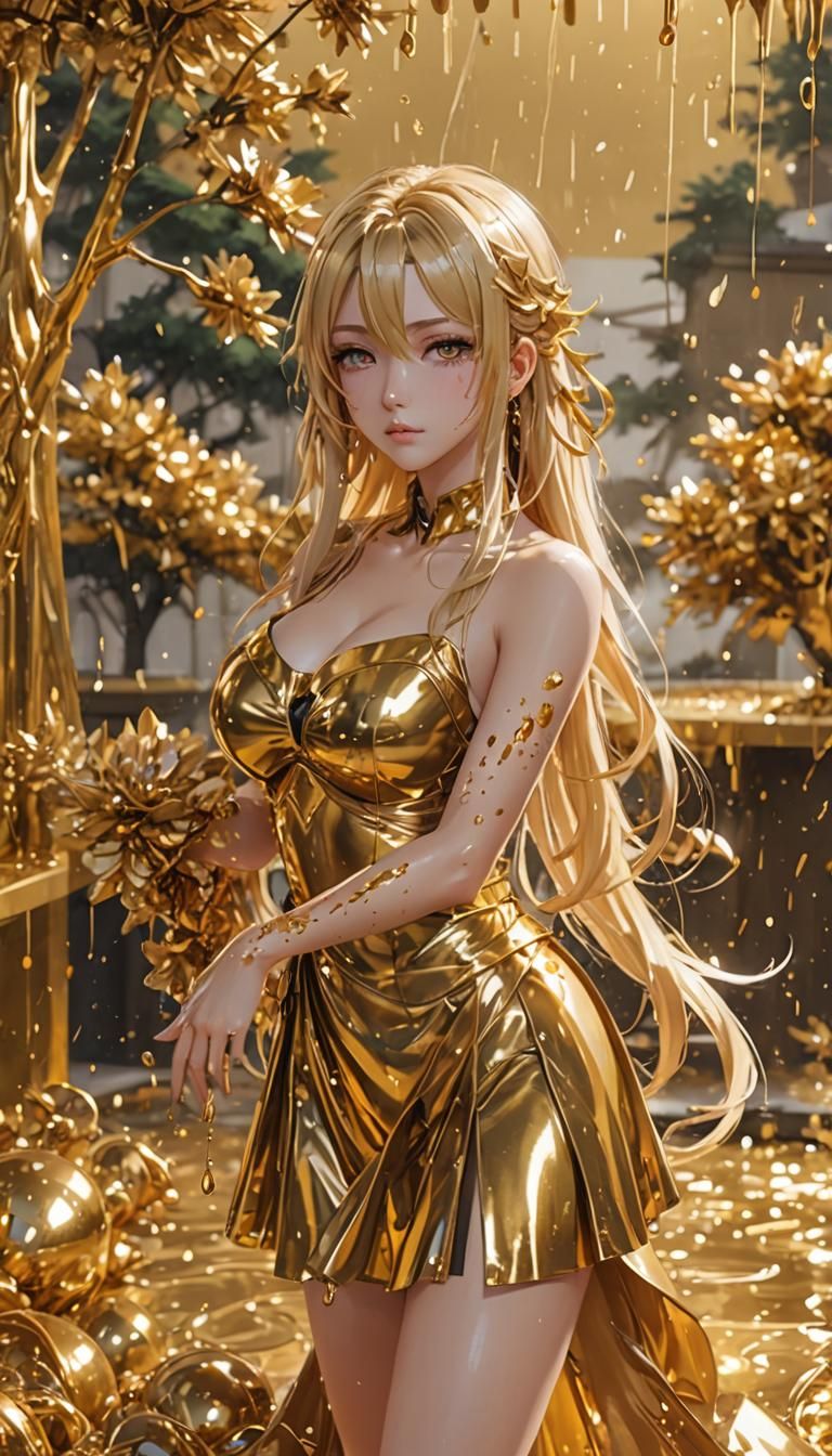 Anime Style Woman in Gold, 3D Digital Art