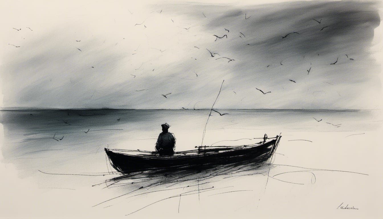 Sailor on Boat in Colorful Scribbles Ink Style