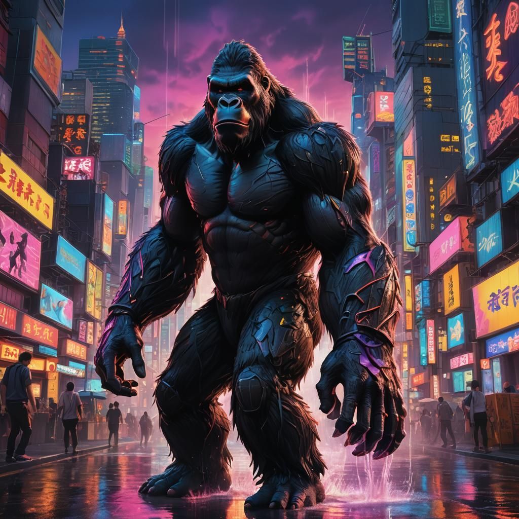 King Kong in Neon Tokyo: Hyperrealistic Concept Art