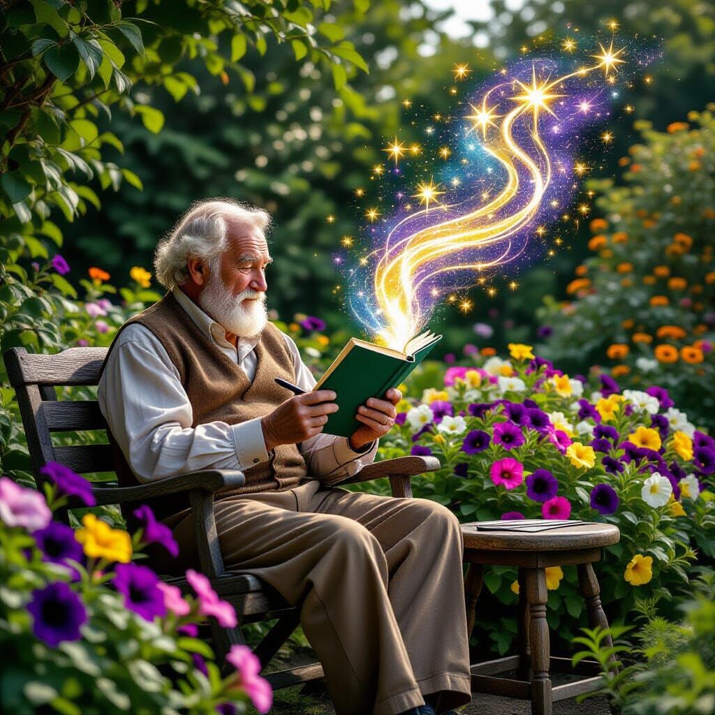 Old Man Writer Holds Magic Pen in Garden