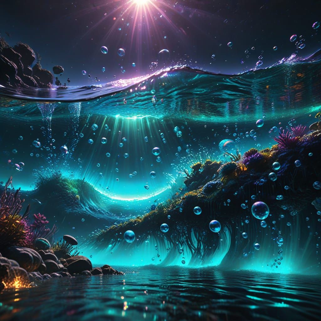Bioluminescent Sea with Glowing Bubbles in Fantasy Art