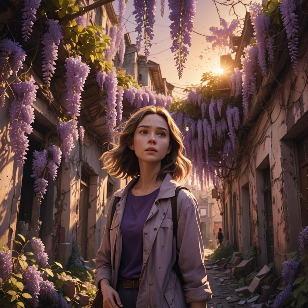 Girl in Wisteria-Covered Abandoned City, 3D Illustration