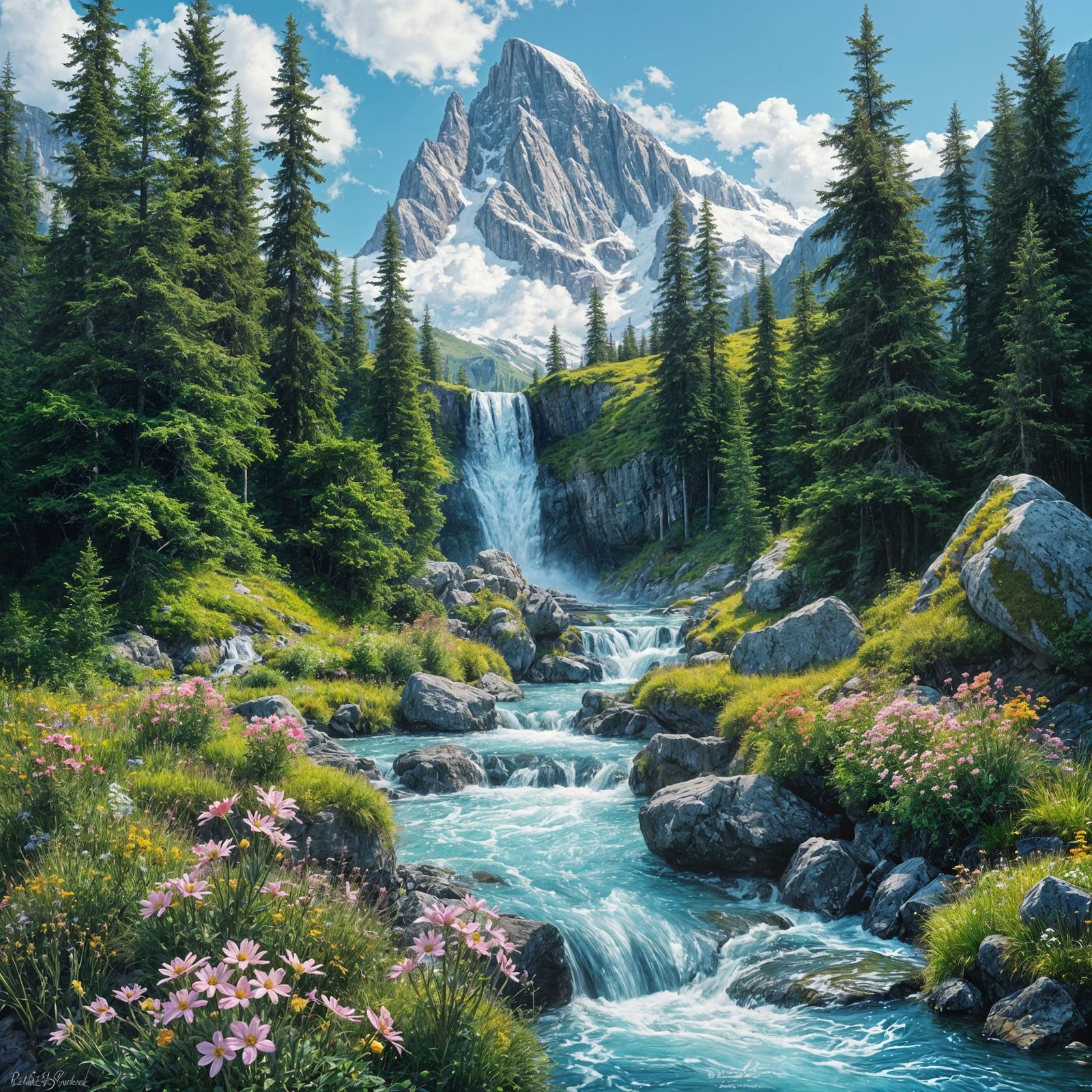 Mountain Waterfall Painting with Lush Spring Colors