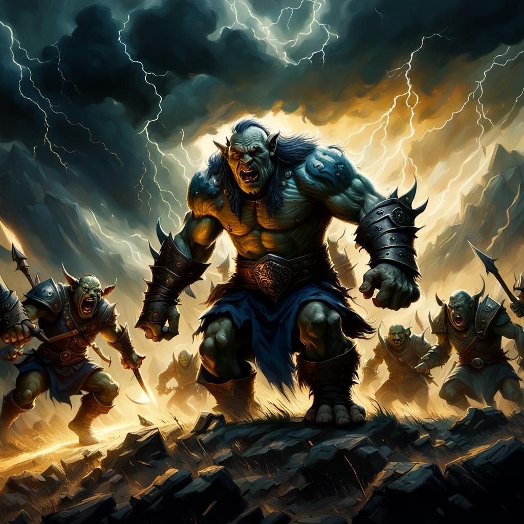 Giant Orc vs Elf Army in Dark Fantasy Style
