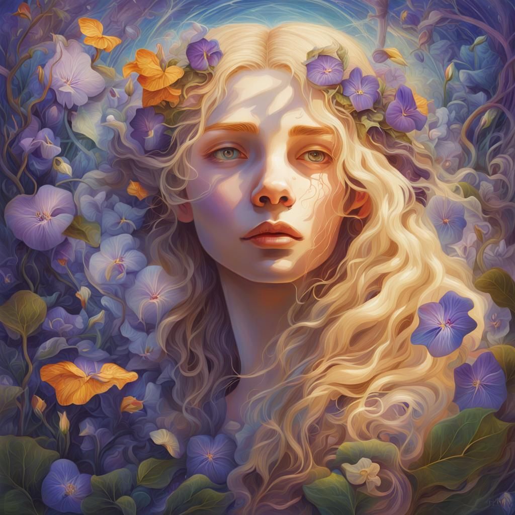Girl with Flowers in Hair: Surreal Astral Illustration