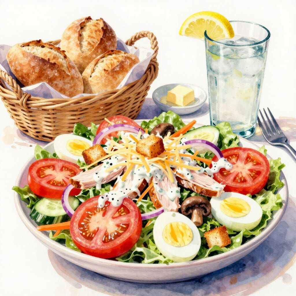 Vibrant Salad with Turkey and Eggs in Watercolor Style