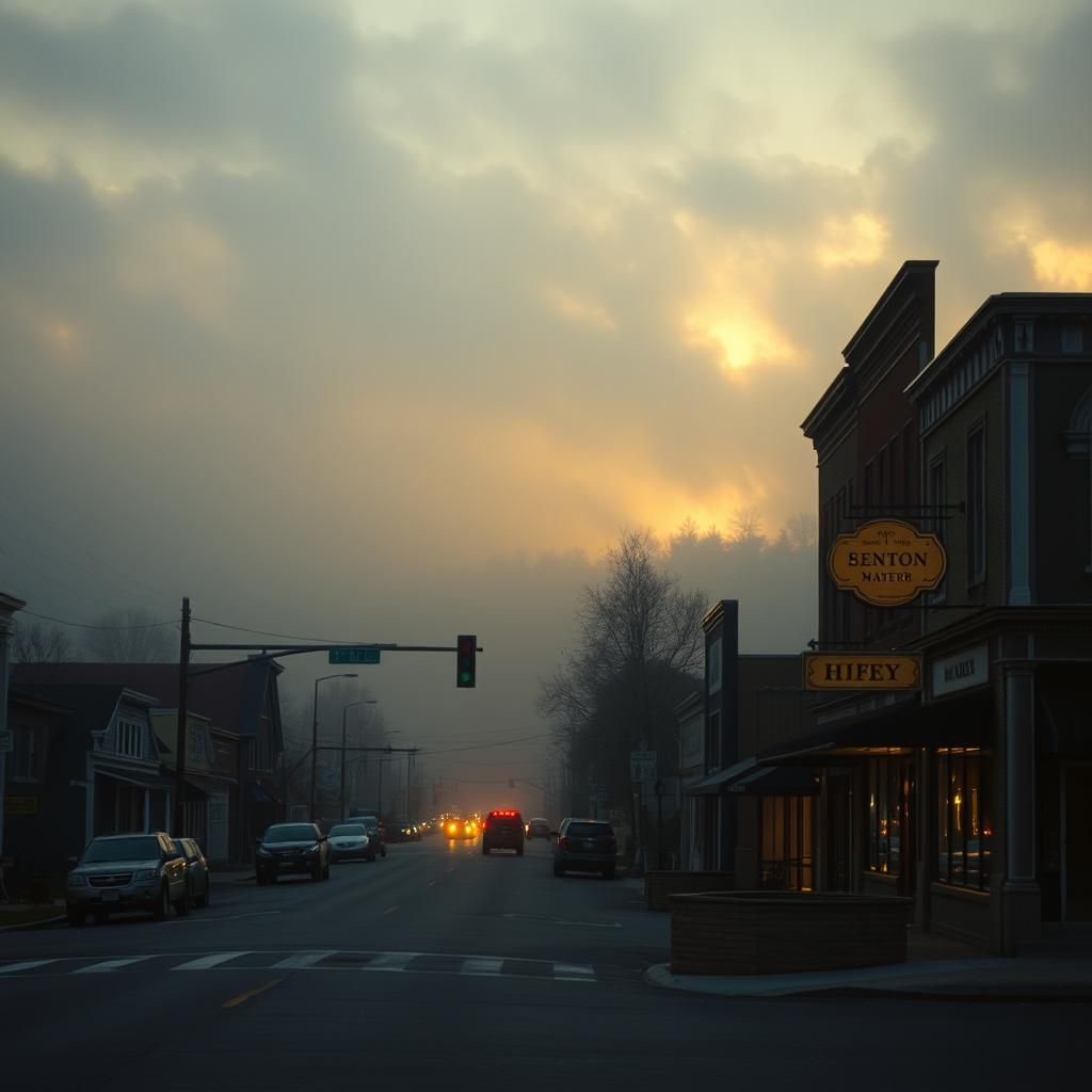 Dawn in Downtown Benton, New Hampshire: Cinematic Film Still