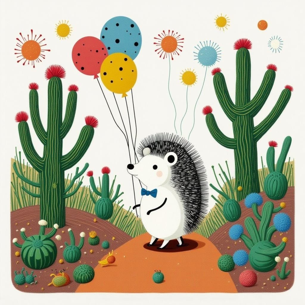 Hedgehog with Balloons in Cactus Garden, Whimsical Illustrat...