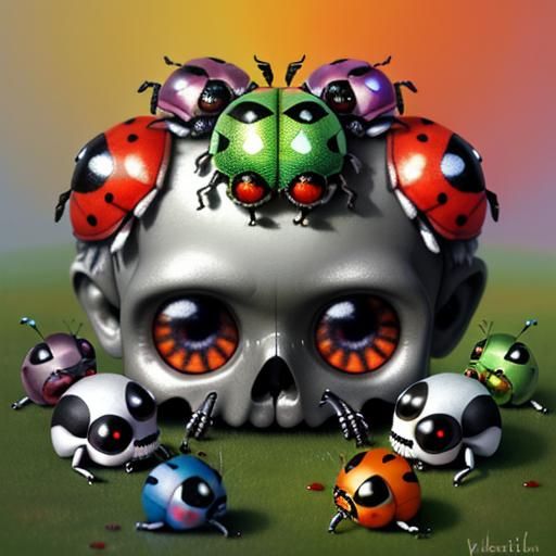 Whimsical Silver Skulls and Chibi Bugs in Hyperreal Style