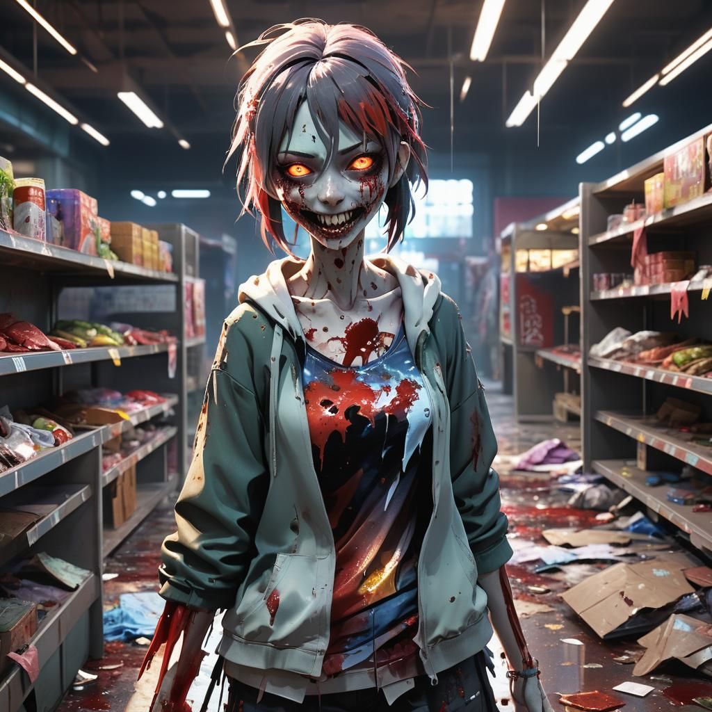 Anime-Inspired Zombie Girl in Abandoned Supermarket