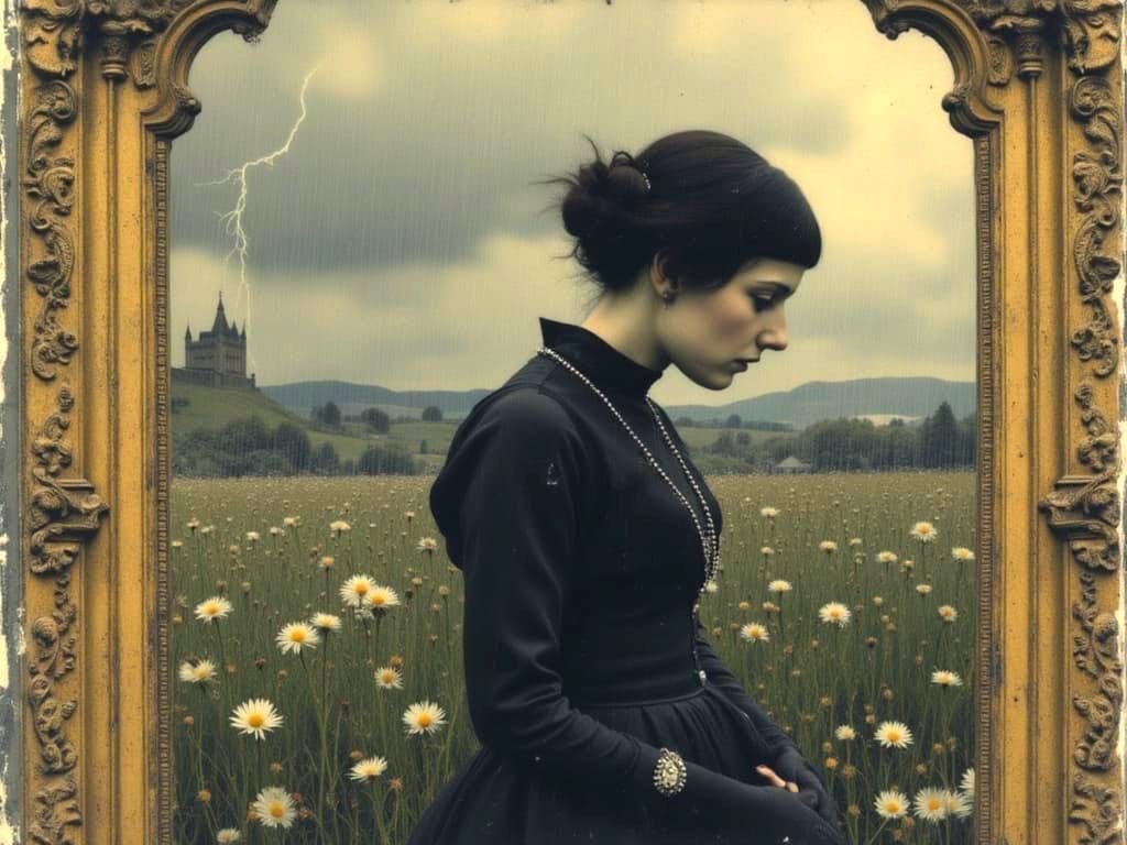 Gothic Girl in Antique Frame with Wildflowers