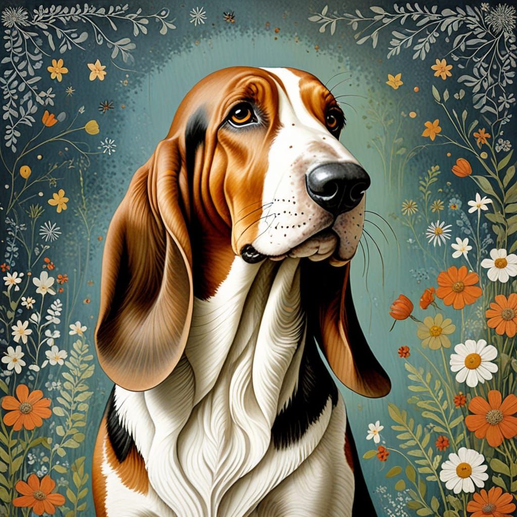 Whimsical Basset Hound in Deep Colors