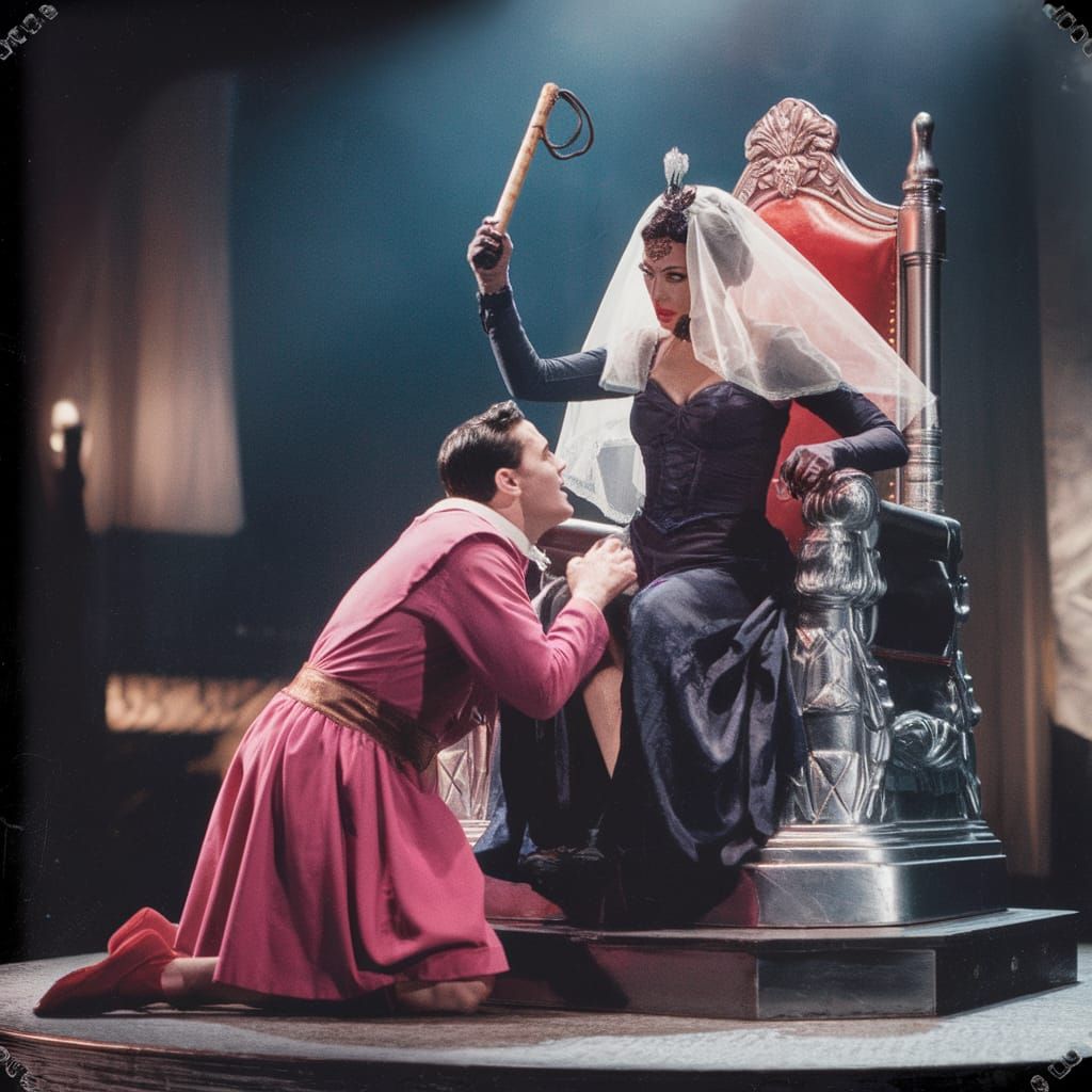 Dramatic Film Still: Villainess and Kneeling Figure