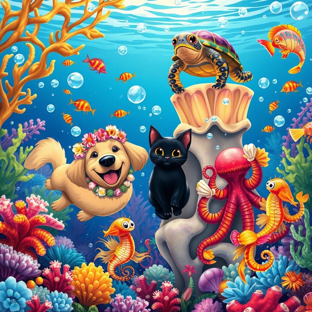 Underwater Celebration with Golden Retriever and Cat