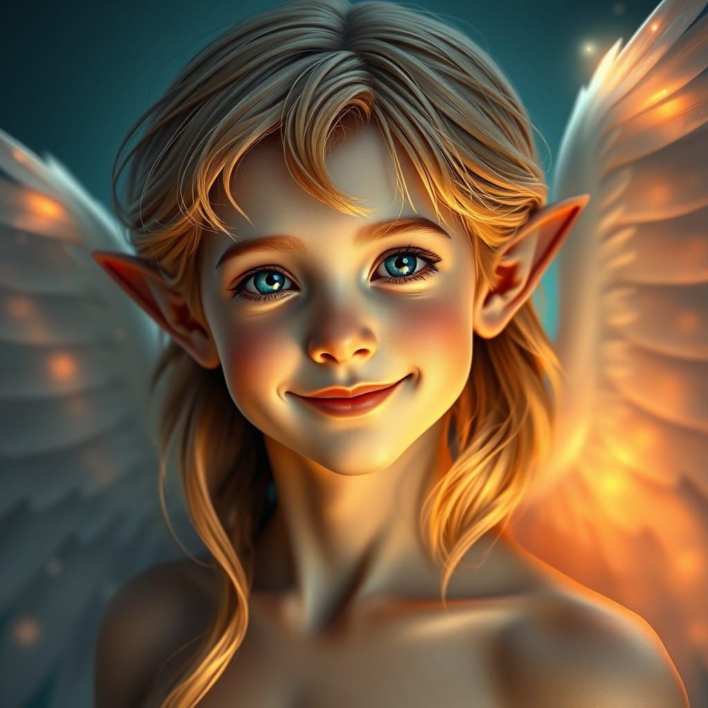 Elf Boy with Dove Wings in Vibrant, Hyper-Realistic Art