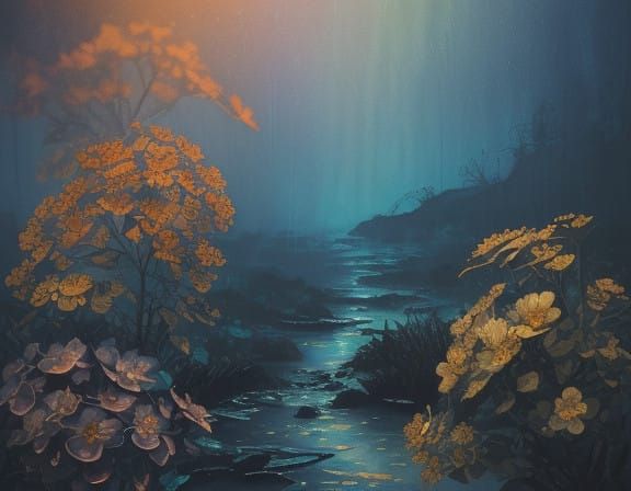 Impressionist Watercolor Masterpiece in Deep Teal and Gold