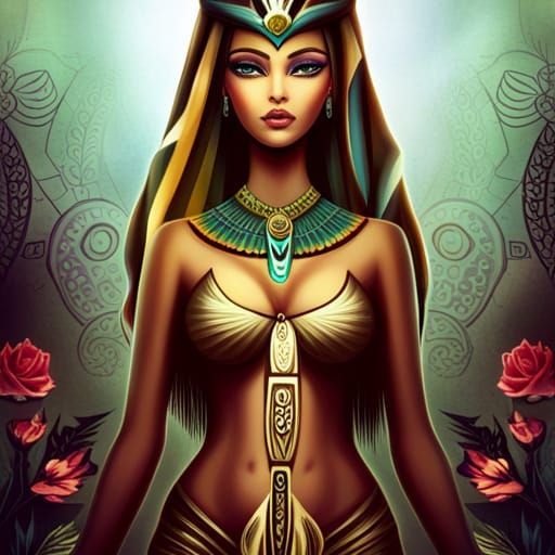Egyptian Goddess with Hieroglyphics in Digital Art