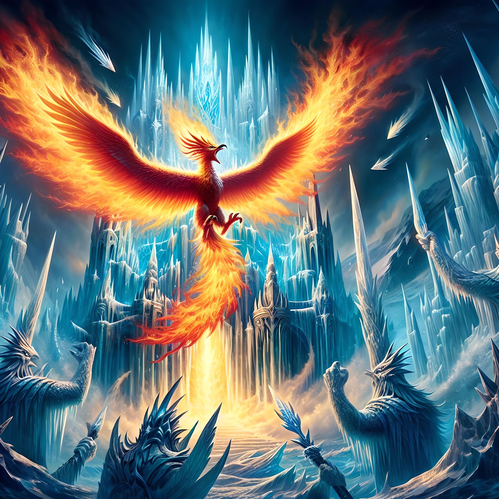 Majestic Firebird Emerges from Ice Fortress
