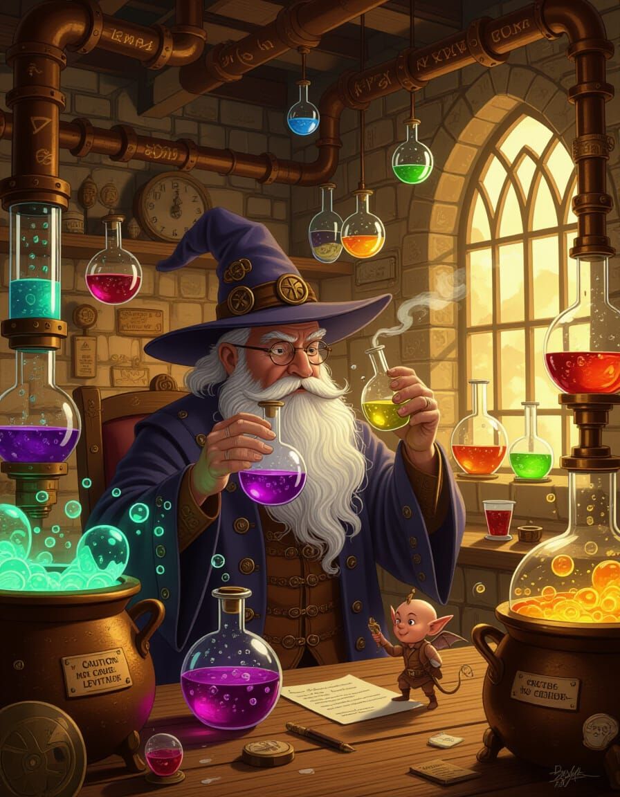Wizard Inspects Potion in Steampunk Lab with Imp Assistant