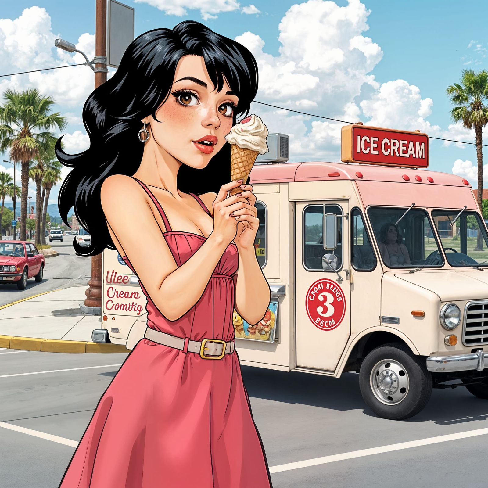 Woman with Ice Cream, Modern Comic Illustration