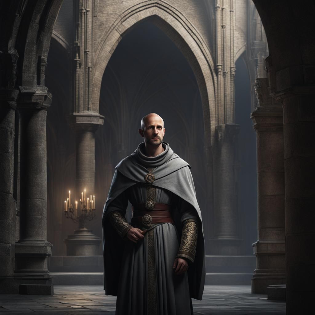 Troubled Young Monk in Medieval Abbey: Dark Fantasy Art