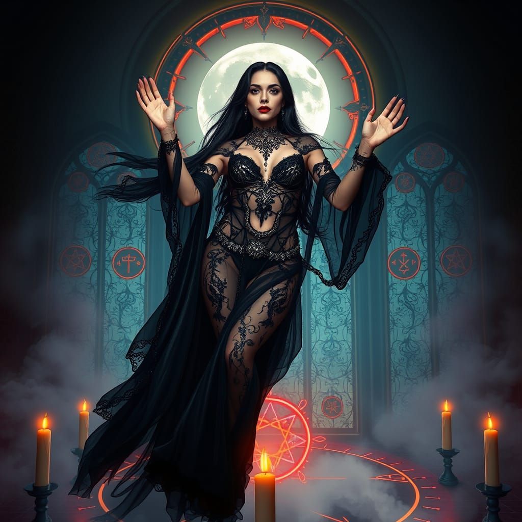 Ethereal Dark Priestess Ascends Amidst Ritual Circle and Bro...