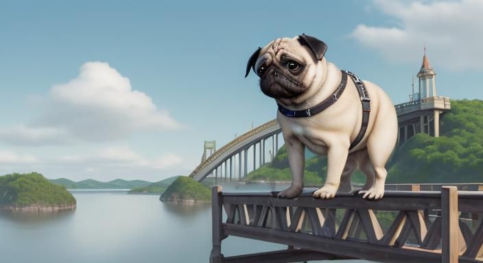 Pug on Bridge in a Floating Island Landscape