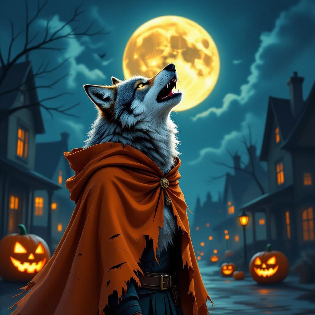 Wolf Howling in Halloween Town as Digital Painting