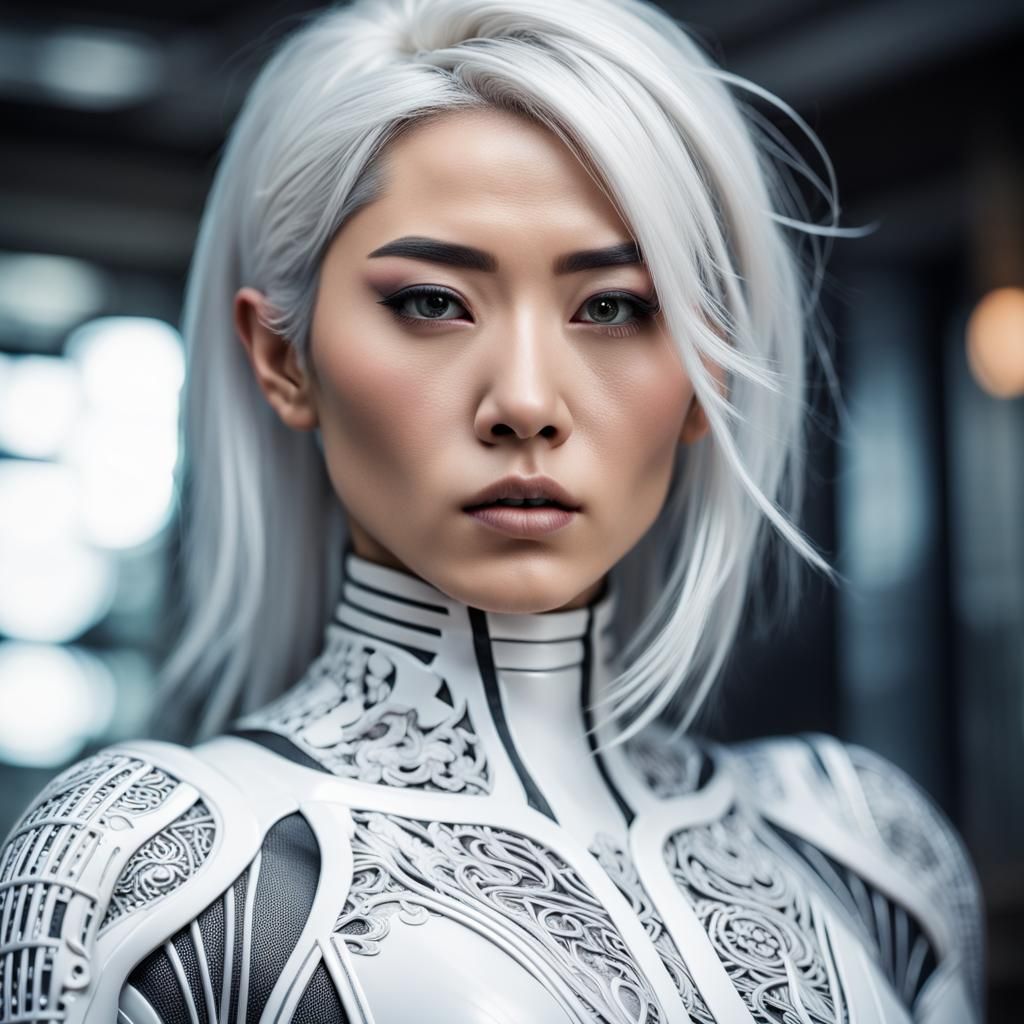 Fierce Asian Woman in Cybersuit: Hyperrealistic Portrait