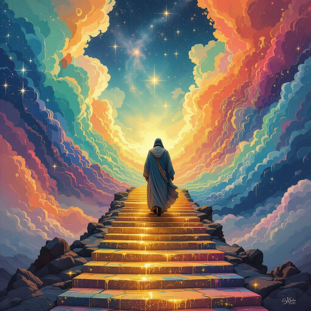 Figure Ascends Golden Steps in Vibrant Dreamlike Landscape