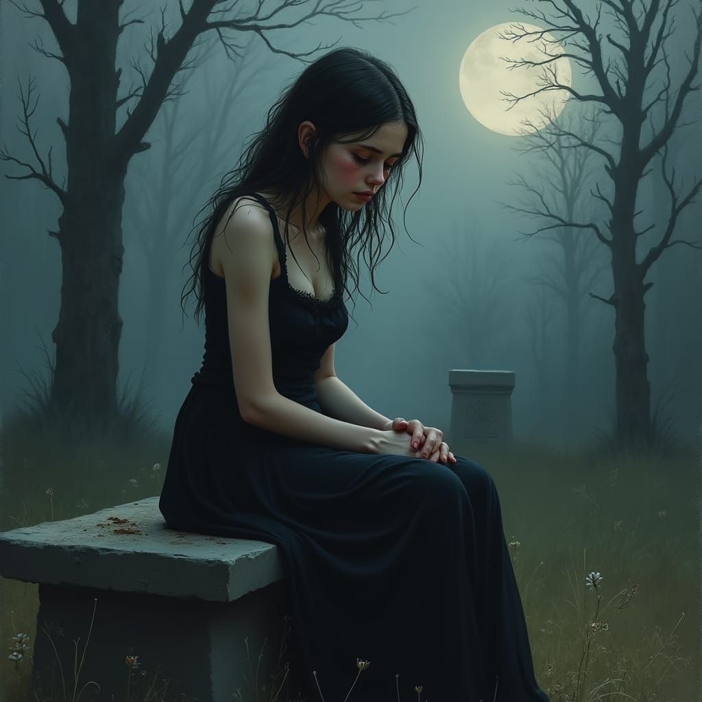 Sorrowful Young Woman in Moonlit Cemetery