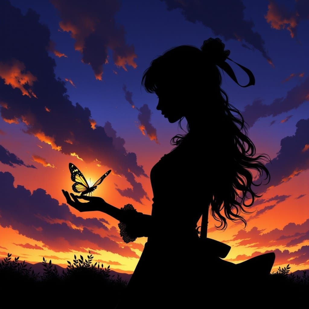 Girl with Butterfly Silhouette in Fantastical Twilight