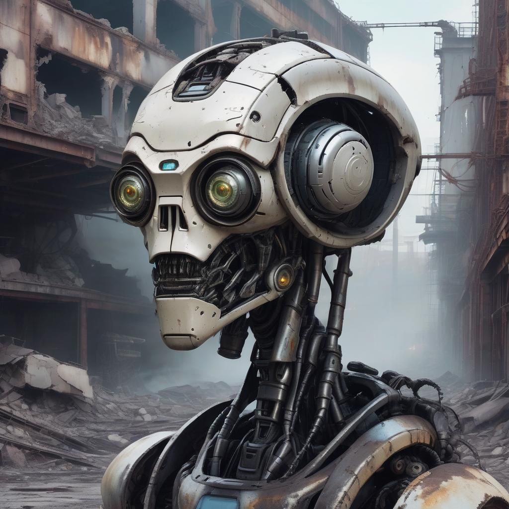 Cartoon Robotic Alien in Dystopian Landscape