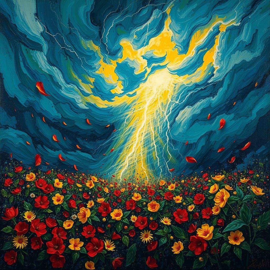 Vibrant Neo-Expressionist Tornado Scene in a Stormy Garden