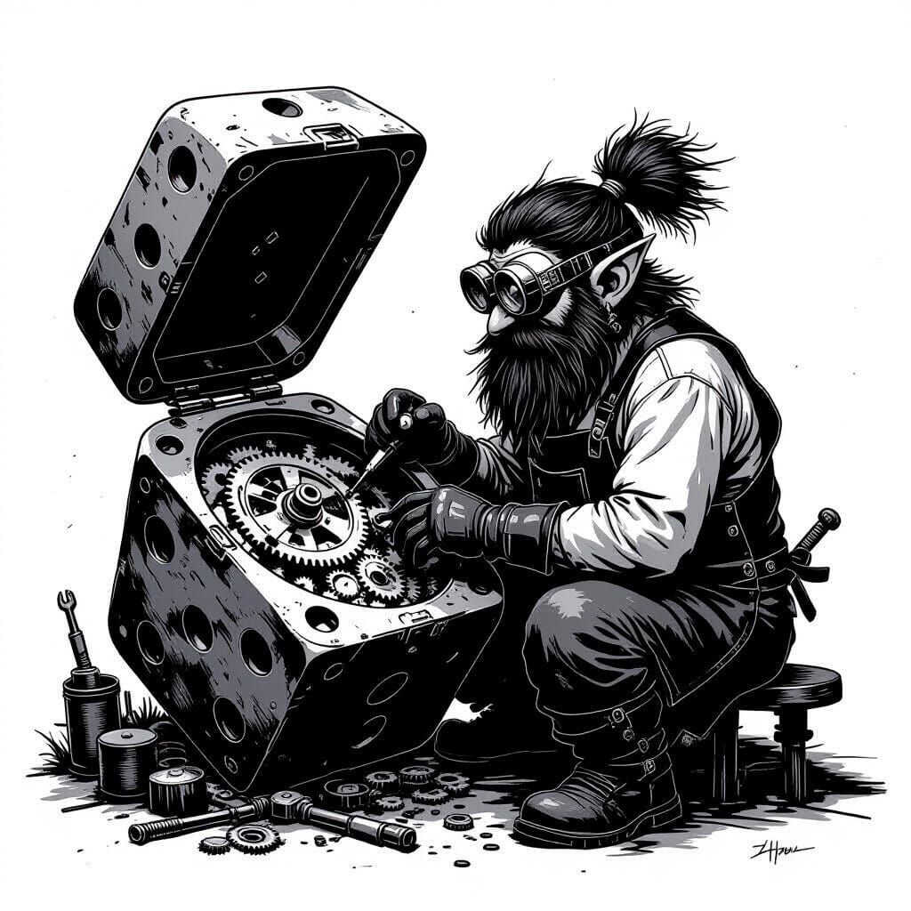 Tinker Troll Inside a Dice, Pen and Ink Drawing