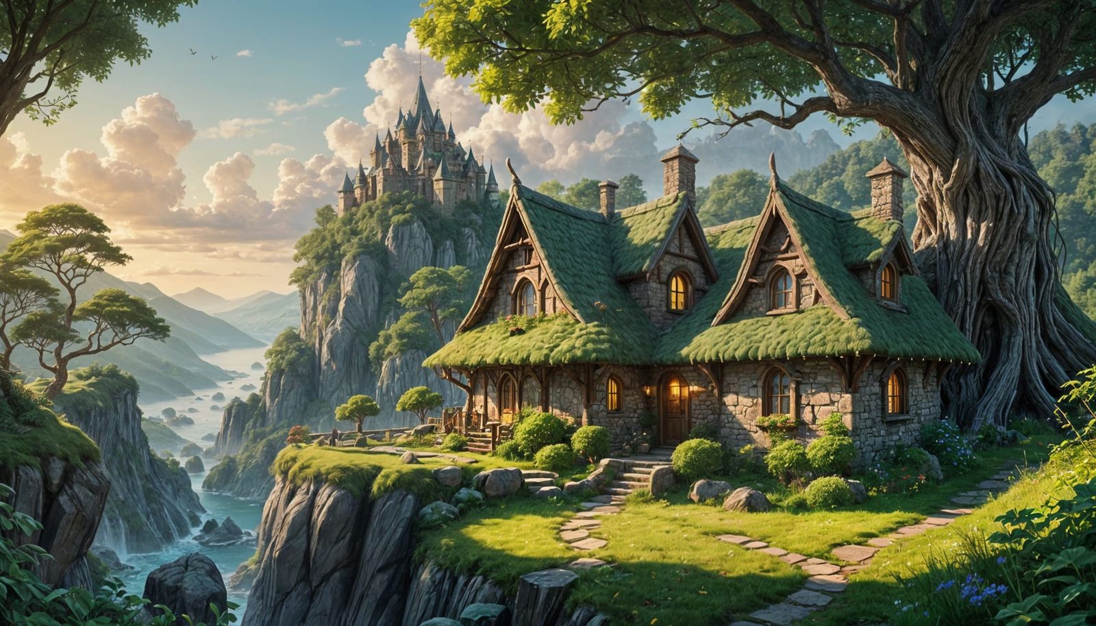 Elven Castle Cliffside Cottage in Vibrant Colors