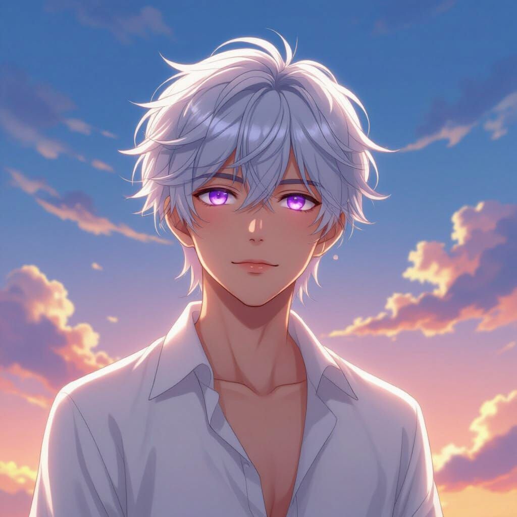 Elegant Anime Man in Dreamy Sunset Scene