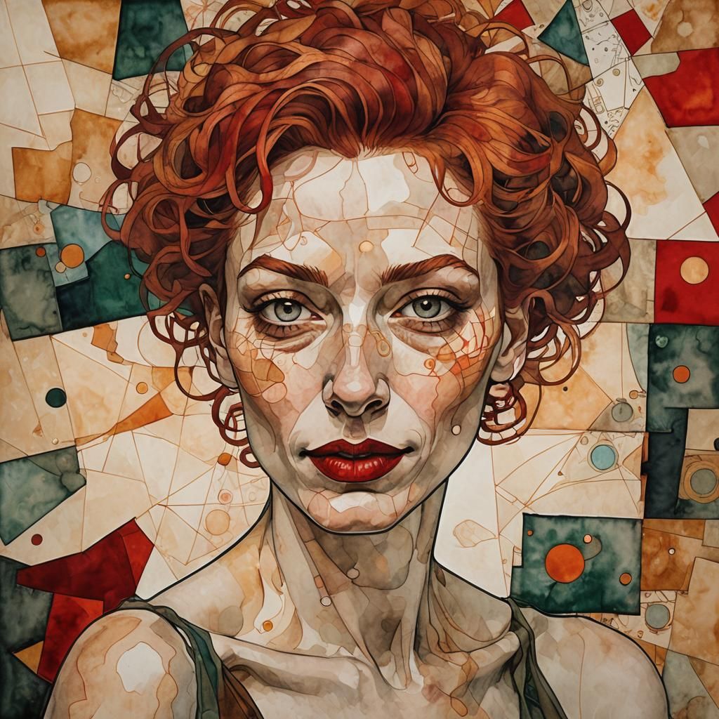 Redhead in Spa: Cubist Watercolor Etching