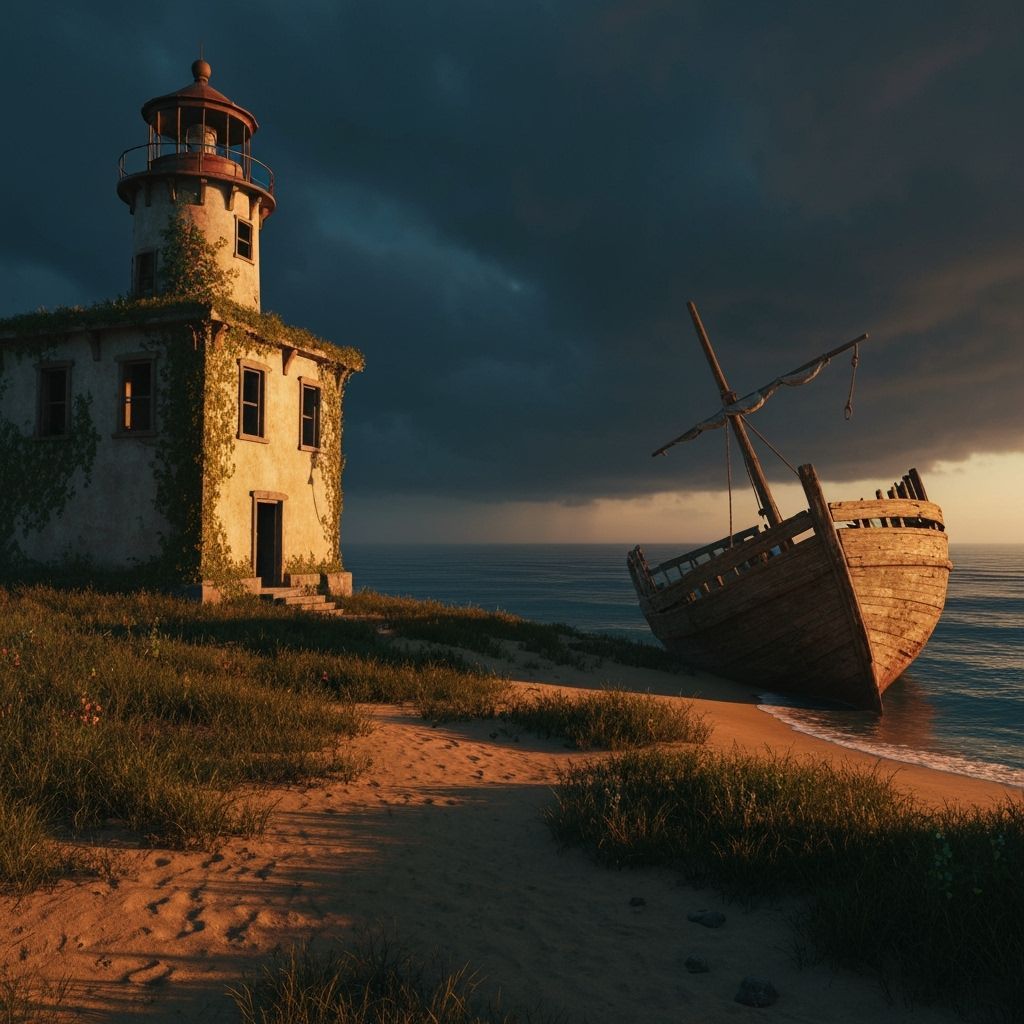 Dramatic Coastal Scene with Lighthouse and Shipwreck