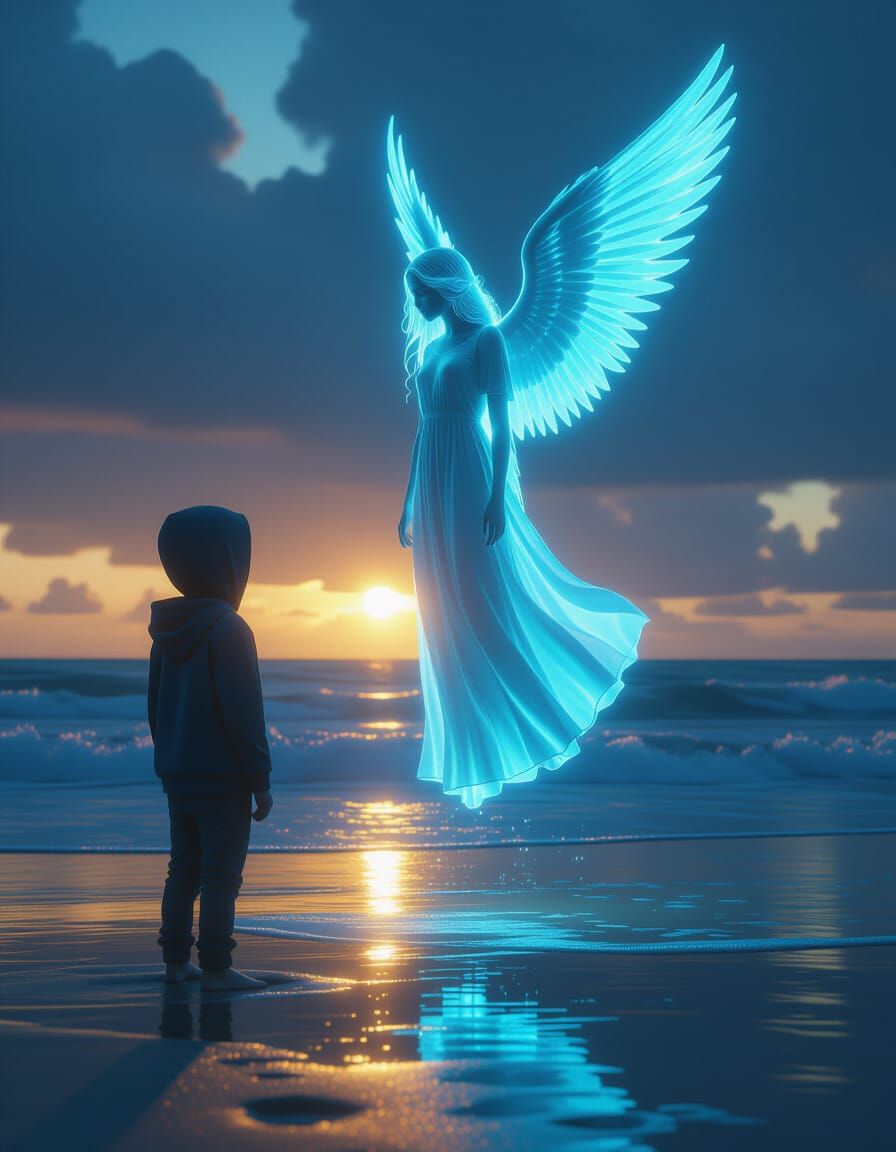 Boy and Angel on Stormy Beach in Unreal Engine Style