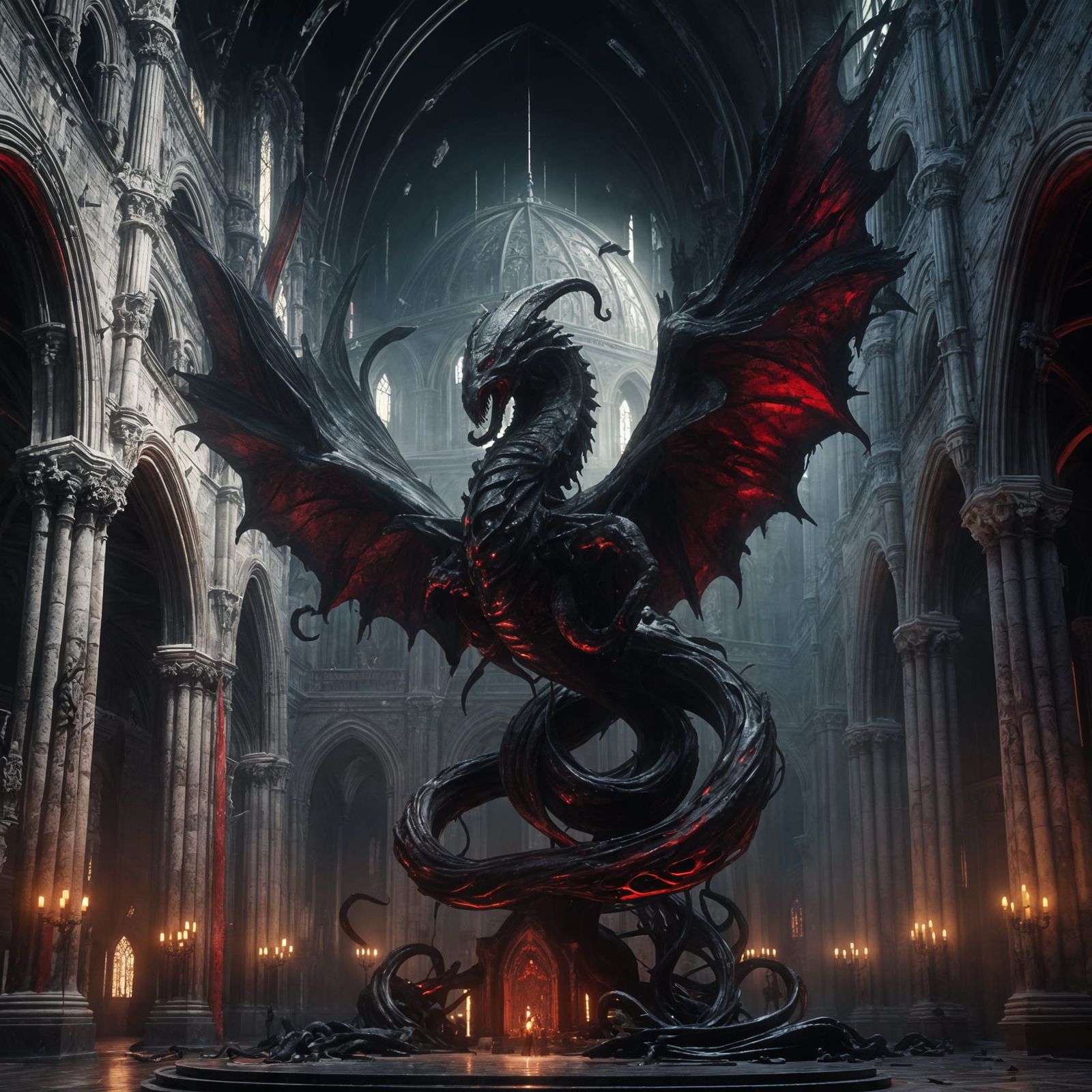 Terrifying Marble Tentacle Horror in Gothic Cathedral