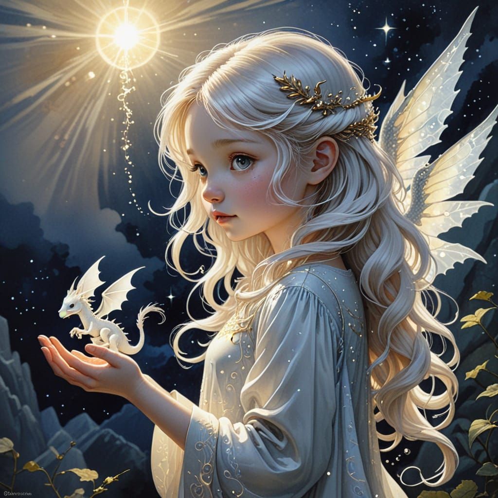 Enchanting Watercolor Scene with Girl and Dragon in Ethereal...