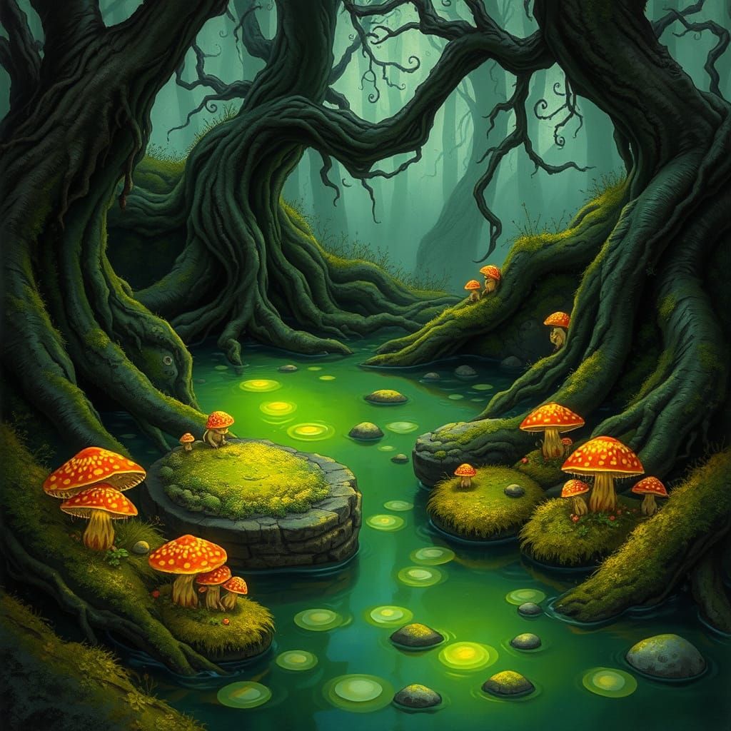 Ethereal Goblin Pond with Bioluminescent Fungi