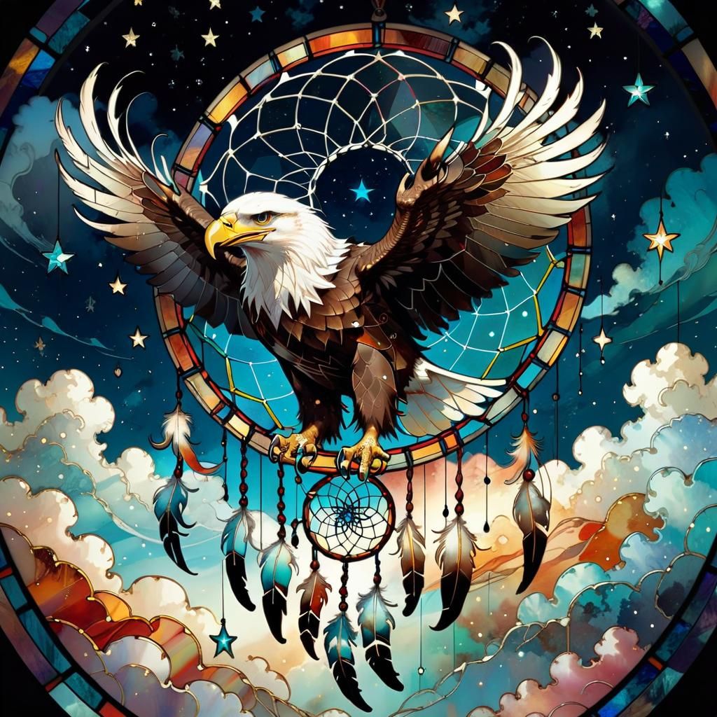 Stained Glass Dream Catcher Eagle in Ethereal Style